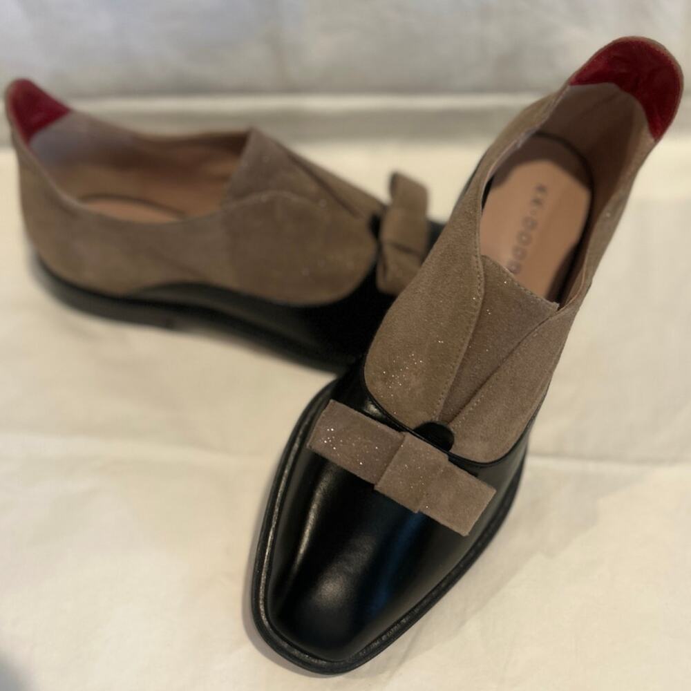 Taupe Suede and Black Leather Bow Loafers with Red Heel Accent